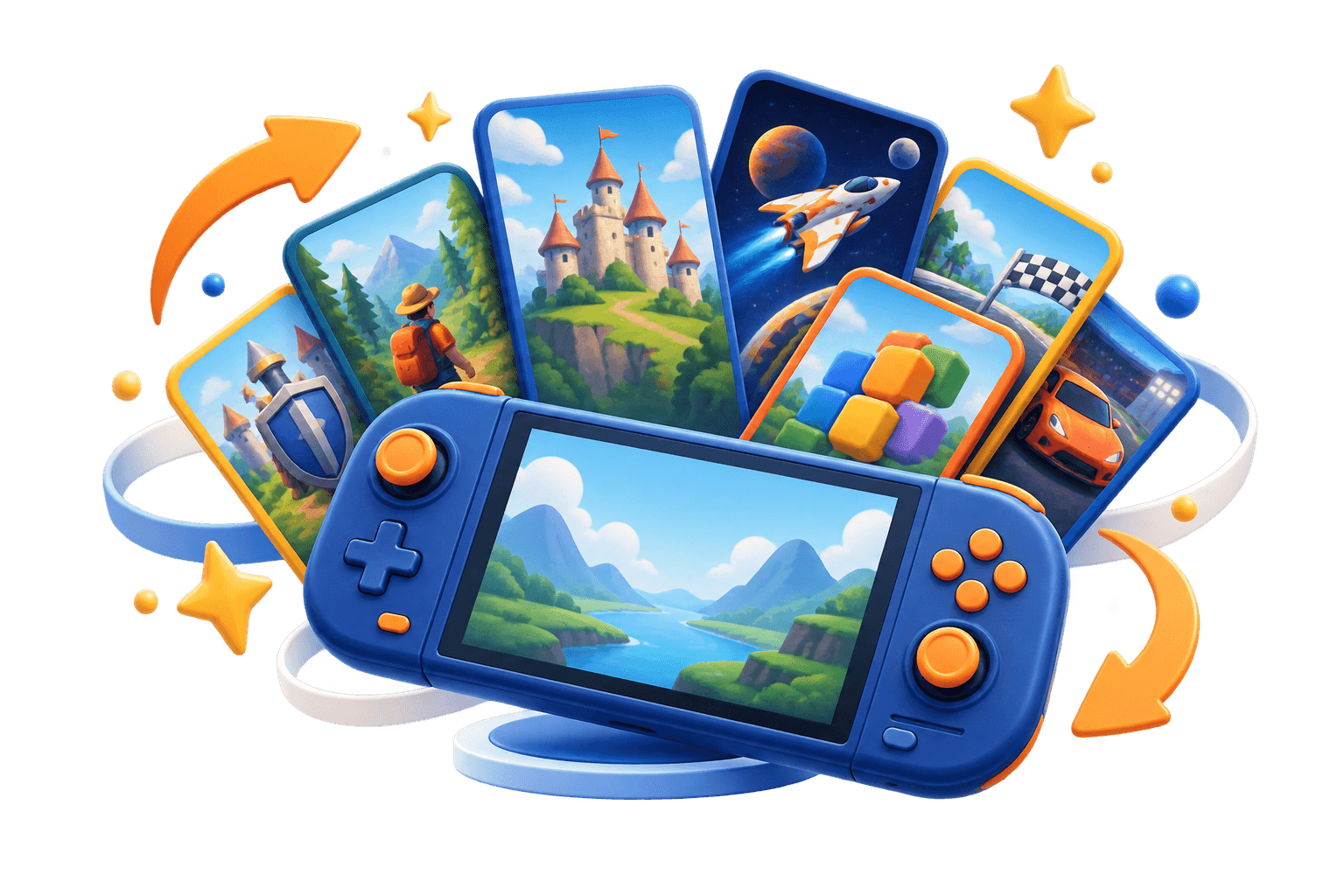 Ilustrasi konsol genggam dan beragam kartu game yang dapat dipilih